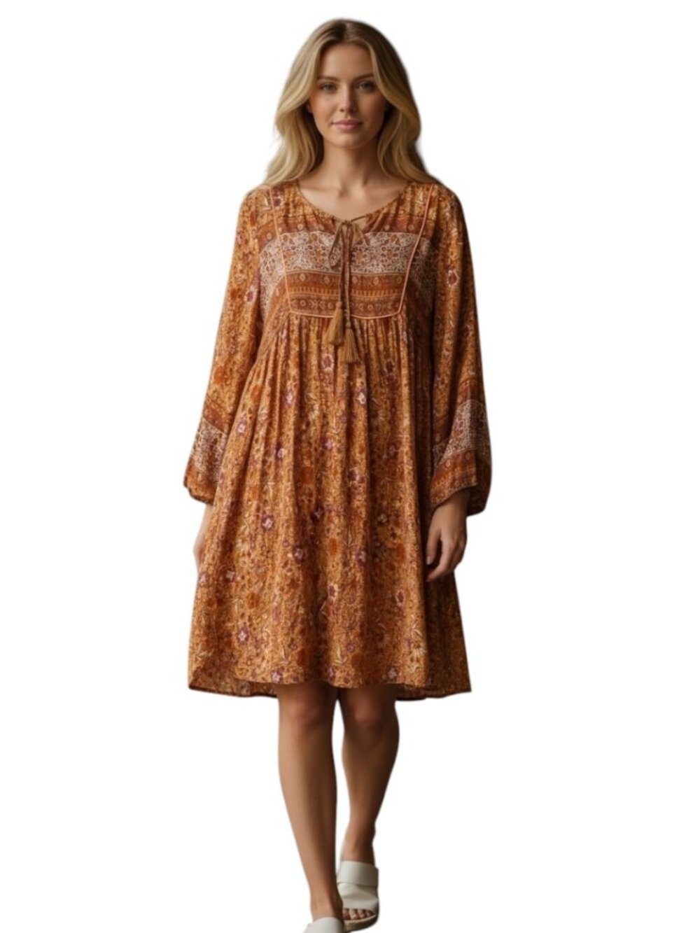 GiGio USA Boho Floral Mini Dress L Orange Prairie Peasant Tassel Festival